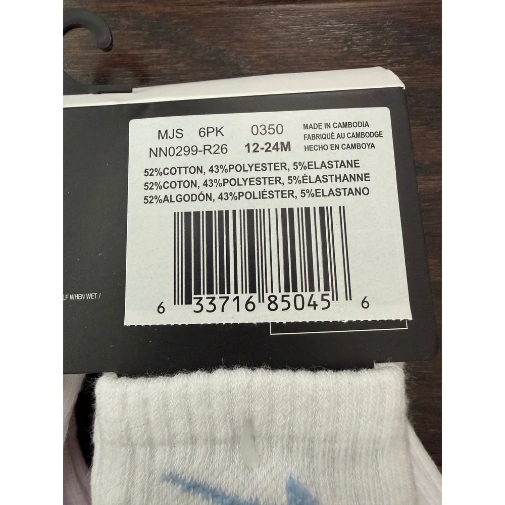 Nike Infant 6 Pack Lightweight Ankle Socks White Multi NN0299-R26 12-24 Months